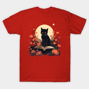 Floral Black Cat And Book Catshirt T-Shirt